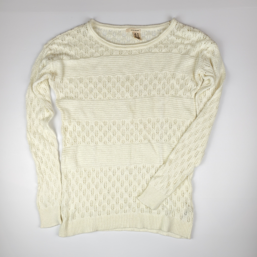 DKNY Jeans Knit Sweater Medium Cream Lace Pullover Fall Chic Layering Top